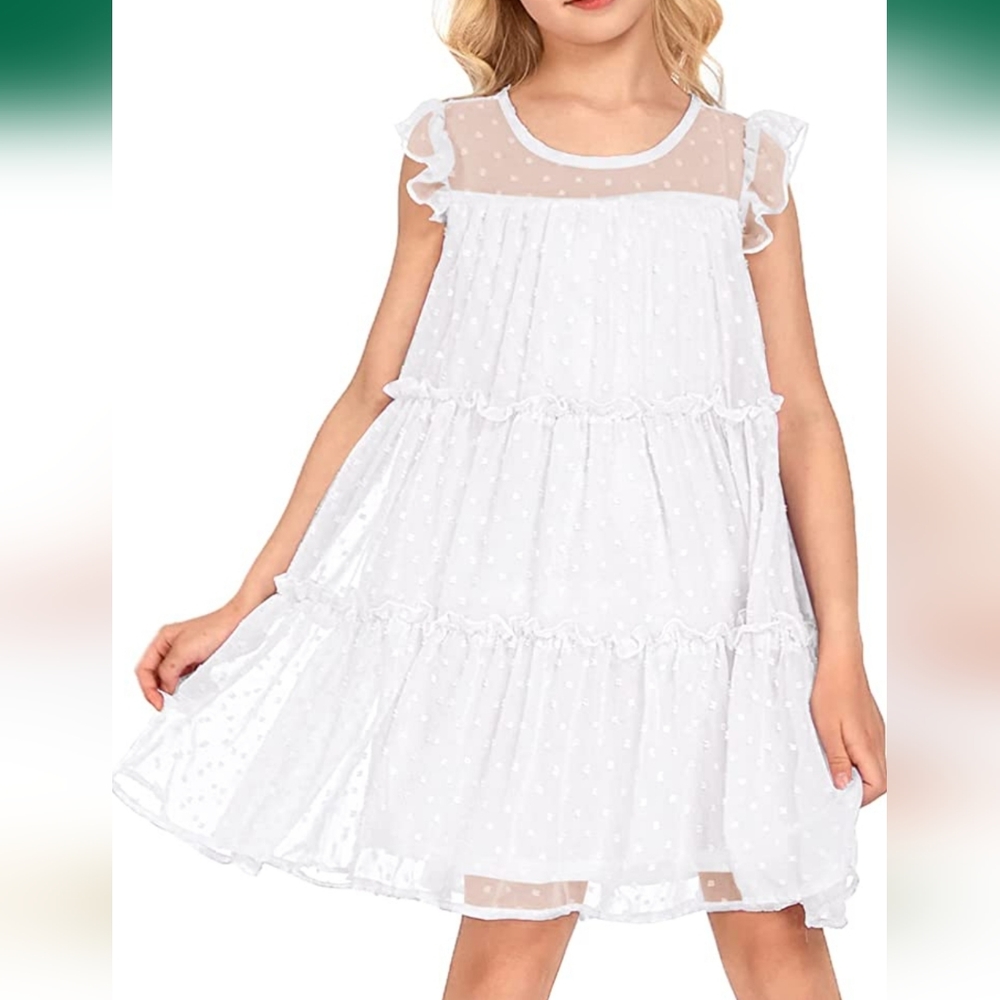 NWOT Arshiner Girl's Summer Dress Flared Sleeve Loose Fit Swiss Dots Flowy Pleat